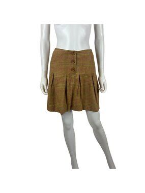Vintage 70s Plaid Skirt Womens XS Brown Wool Houndstooth Pleated Mini Preppy